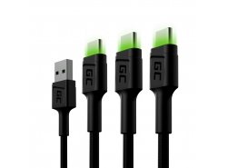 Set 3x Kabel USB-C Typ C 120cm LED Green Cell Ray med snabbladdning, Ultra Charge, Quick Charge 3.0